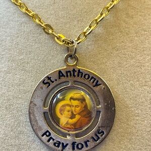Gold Tone St. Anthony “Pray for Us” Pendant Necklace. 20 inches long. Catholic.